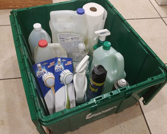 Cleaning supplies inside a green bin
